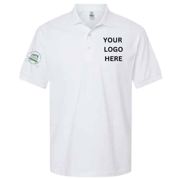 Polo Shirt Example: White short sleeve polo with text on the left chest stating, "Your Logo Here" and the FABA logo on the right sleeve.